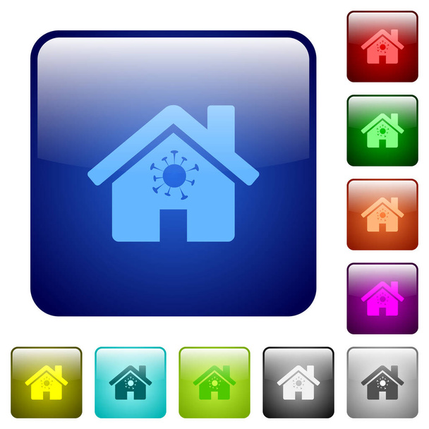 Ícones de quarentena em casa na cor quadrada arredondada conjunto de botões brilhantes
 - Vetor, Imagem