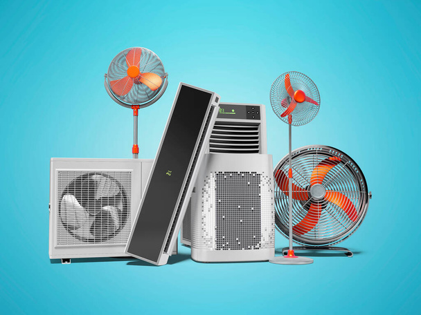 3d renderizado ventiladores naranja acondicionadores de aire y acondicionadores de aire portátiles fondo azul con sombra
 - Foto, imagen