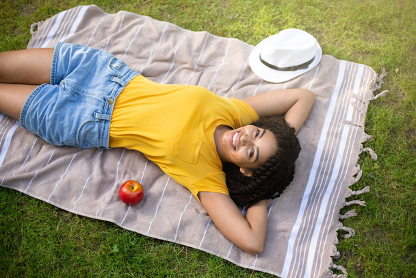 公園でピクニックブランケットでリラックスし、美しい夏の日を楽しむ正の黒の女性のトップビュー - 写真・画像