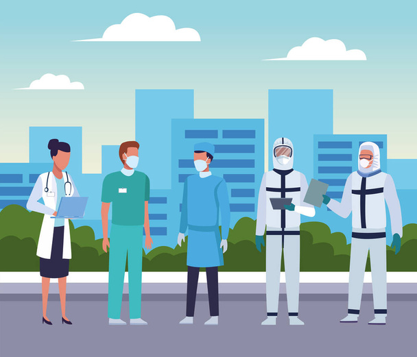 группа врачей в медицинских масках по городу
 - Вектор,изображение