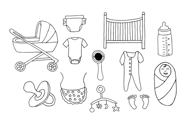 Collection d'icônes Doodle baby stuff. Collection d'icônes dessinées à la main. Ensemble d'icônes de produits pour bébés - Vecteur, image