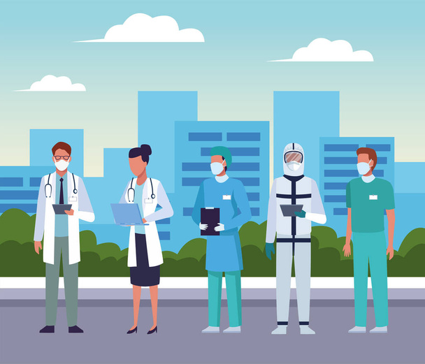 group of doctors wearing medical masks on the city - Vector, Image