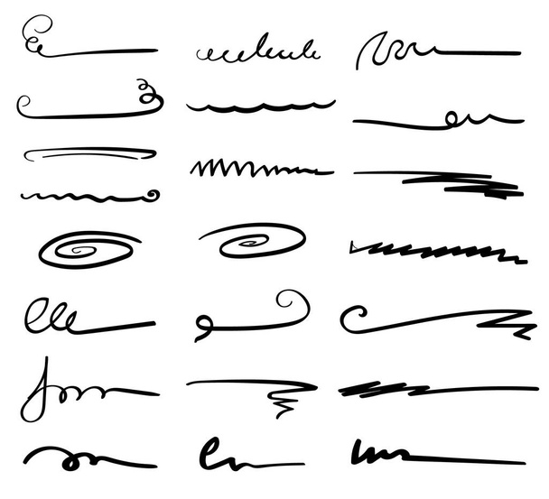 Set di linee fatte a mano, linee di pennello, sottolineature. Collezione disegnata a mano di stile doodle varie forme. Linee d'arte. Isolato su bianco. Illustrazione vettoriale - Vettoriali, immagini
