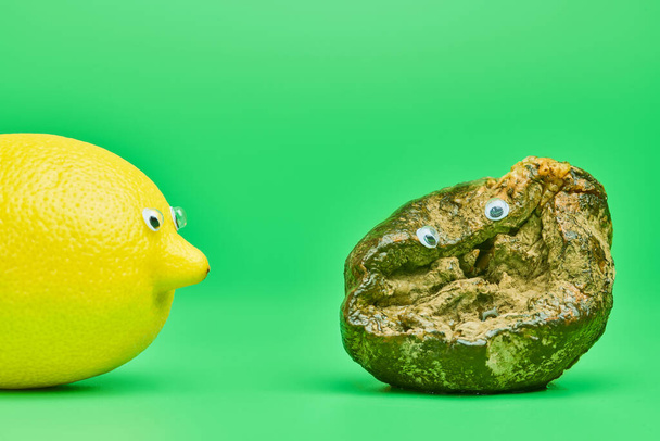 Two lemons with eyes. Rotten lemon and fresh lemon compare. Funny psychological comparison concept, green background. Unsuitable inedible food for cooking and new tasty lemon. - Photo, Image
