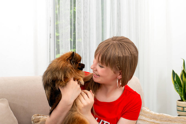 Aufnahme einer süßen jungen Frau, die auf dem Sofa sitzt und ihren Hund Pekinese zu Hause umarmt. Liebe zwischen Hund und Herrchen. - Foto, Bild