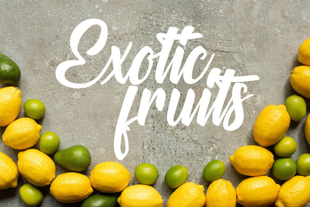 vista superior de aguacate colorido, limas y limones en la superficie de hormigón gris, ilustración de frutas exóticas
 - Foto, Imagen