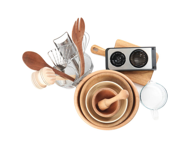 Set of different cooking utensils and dishes on white background, top view - Fotografie, Obrázek