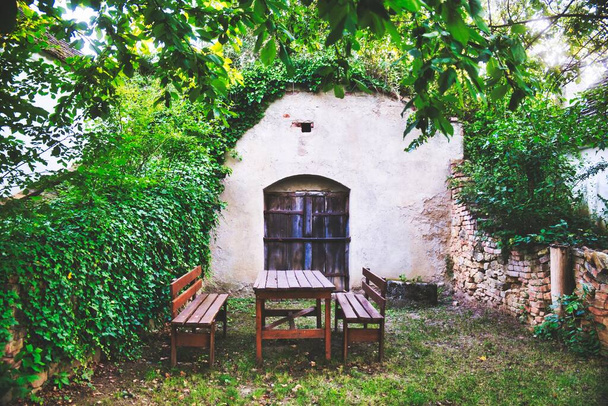 An atmospheric backyard with wooden table and benches, near an old wall covered with greenery in Austria - Фото, зображення