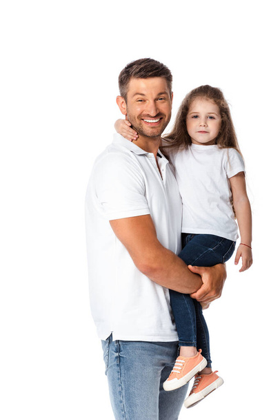 cheerful father holding in arms cute daughter isolated on white  - Foto, Imagem