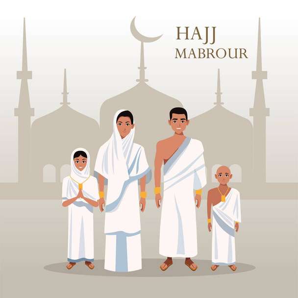 hajj mabrour celebración con grupo de peregrinos islámicos en la mezquita
 - Vector, Imagen