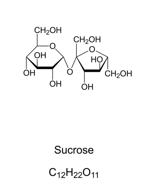 Sucrose, suiker, chemische structuur. Disaccharide bestaande uit de twee monosachariden glucose en fructose. Voor menselijke consumptie wordt het gewonnen en geraffineerd uit suikerriet of suikerbieten. Vector - Vector, afbeelding