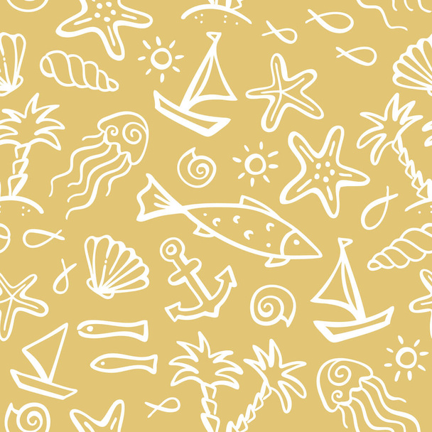 Seamless pattern of ocean animals and plants, fish, anchor, boat, ship, jellyfish, shell, starfish, palms on an island, sun. - Vettoriali, immagini