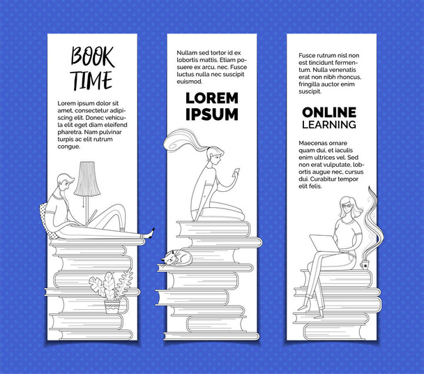 Digital library readers outline vector templates set. Digital library archive, ereader, elearning web banners pack with text space. Online courses, Internet lessons and remote classes advertisement posters - Vettoriali, immagini