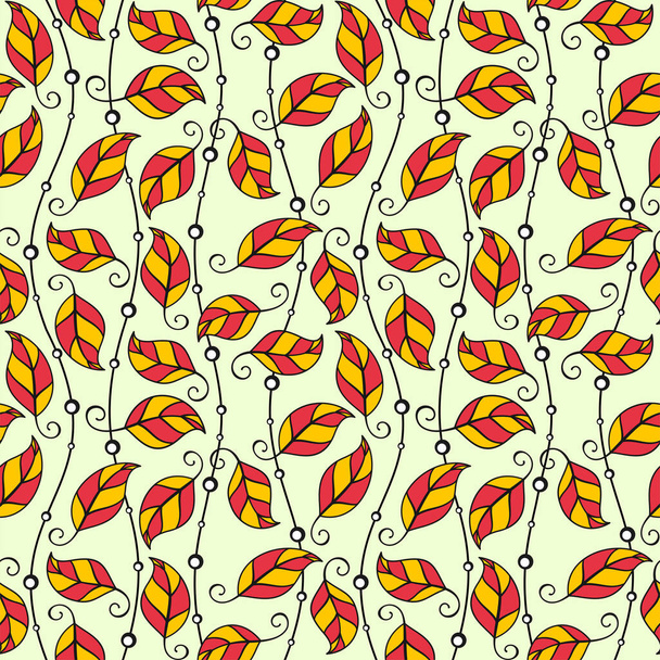 Red yellow leaves and longitudinal waves with beads on a pale yellow background. Vector autumn seamless pattern for wallpaper, wrapping paper, packaging, wrapper, printing on fabric, textile, clothes and bags. Design template - Vector, imagen