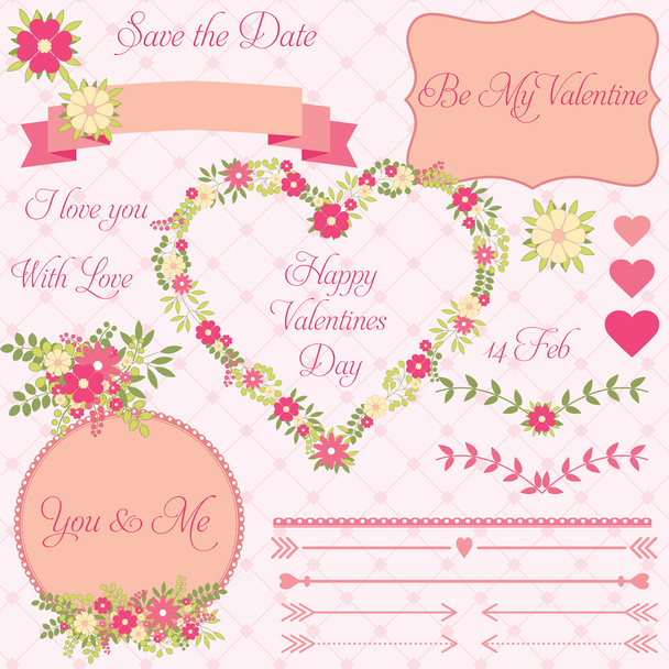 Vector set of decorative valentines flower design elements in vintage style  - Vetor, Imagem