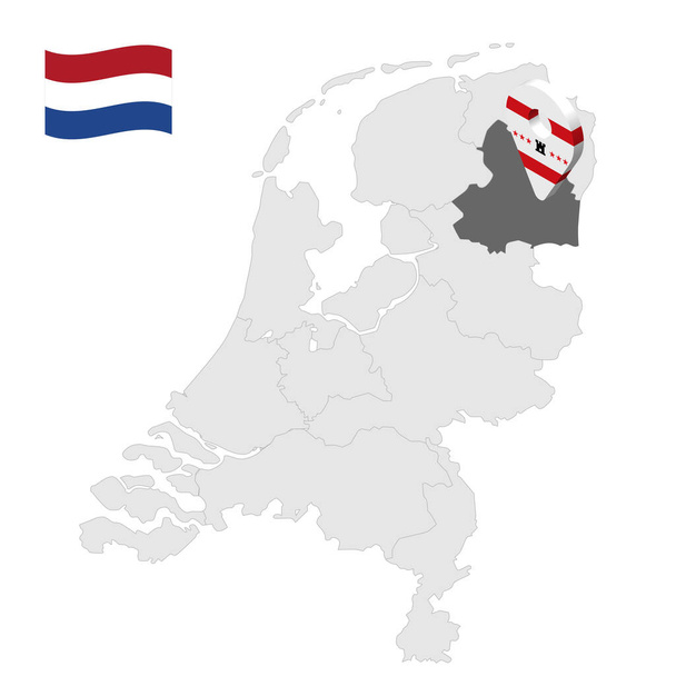 Ubicazione di Drenthe sulla mappa Paesi Bassi. Segno di posizione 3d simile alla bandiera di Drenthe. Mappa di qualità con le province dei Paesi Bassi per il vostro design. EPS10. - Vettoriali, immagini
