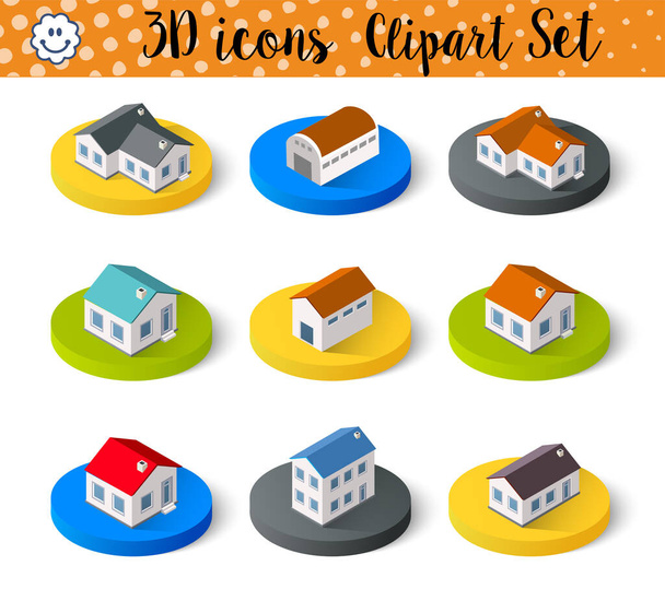 Isometric vector 3D icon city buildings for web concept set which includes house, crane, homes shop stores, supermarkets and industrial elements - Vector, Image