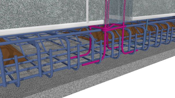 Detail of how a steel column joins the metal structure of the foundations of a house. 3D Illustration - Photo, Image