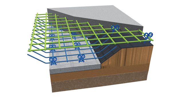 Grafiek toont een deel van de structuur van een betonnen vloer waar de metalen structuur wordt gezien voordat het beton wordt gegoten. 3D Illustratie - Foto, afbeelding