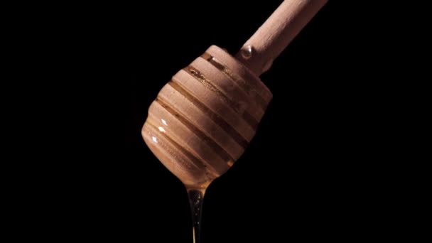 Houten stok met honing close-up op een zwarte geïsoleerde achtergrond. Honing is een natuurlijk nuttig product. Beelden worden gemaakt in 4K met kunstmatige professionele verlichting. - Video