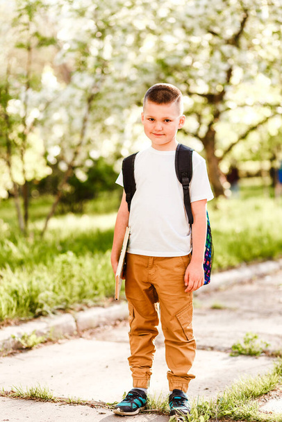 Smiling boy first-grader with backpack and book goes to school outdoors - Fotoğraf, Görsel