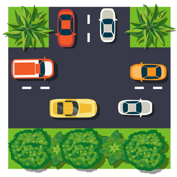 The top view is a map of the city car intersection module block with town infrastructure, roads, trees, parks, and gardens. The design of the object is a vector illustration for games, apps - Vector, Image