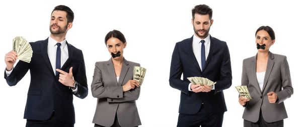 collage of businessman wskazując palcem na dolary w pobliżu businesswoman z taśmą klejącą na ustach izolowane na białym, koncepcja seksizmu  - Zdjęcie, obraz