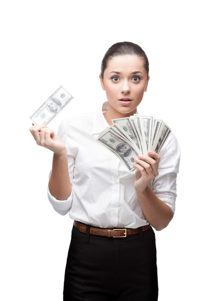 surprised young business woman holding money - Фото, зображення