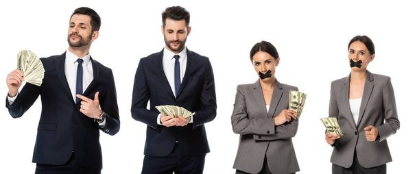 collage di uomo d'affari in giacca e cravatta che punta con il dito ai soldi vicino alla donna d'affari con scotch sulla bocca isolato su bianco - Foto, immagini
