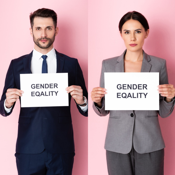 collage of businessman and businesswoman holding placards with gender equality lettering on pink  - Photo, Image