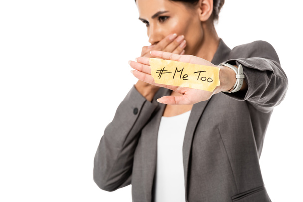 selective focus of businesswoman with me too lettering on hand covering mouth isolated on white, gender inequality concept  - Photo, Image