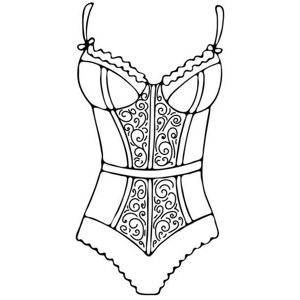 set of female sexy underwear - body, vector elements in doodle style with black outline - Vector, Image