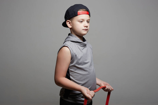 Sport Child. Little Boy with fitness Tape. Sport Handsome Boy. yound bodybuilder - Fotoğraf, Görsel