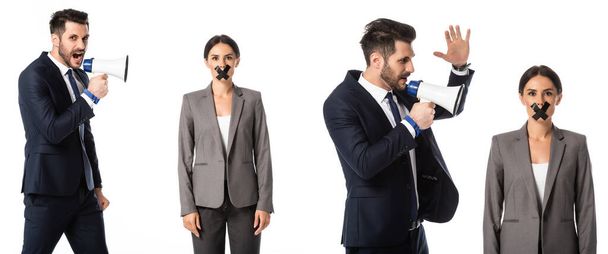 collage of businessman screaming in megaphone near businesswoman with scotch tape on mouth isolated on white  - Photo, Image