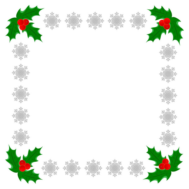 Christmas greeting decorative card frame template with Holly leaves and silver snowflakes with copy space for your text. - Vector, afbeelding