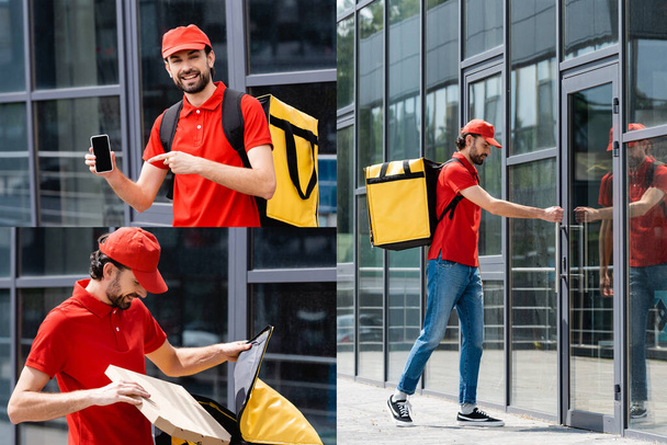 Collage of smiling courier holding pizza box, pointing with finger at smartphone and opening door of building on urban street  - Fotoğraf, Görsel