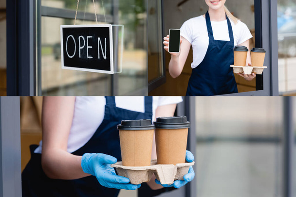 Collage de letrero con palabra abierta, camarera en guantes de látex sosteniendo vasos de papel, smartphone
 - Foto, Imagen