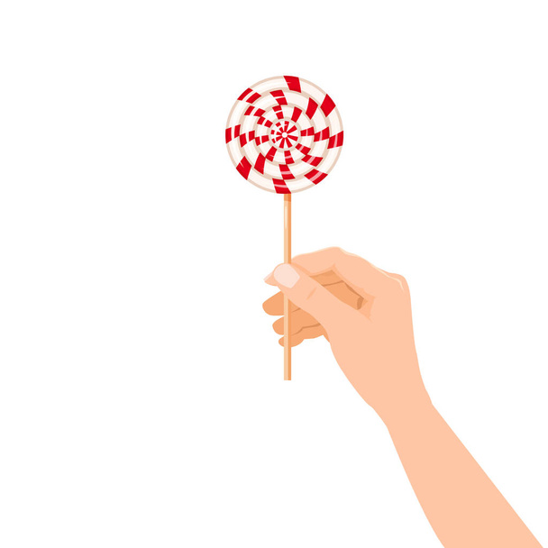 Hand halten Süßigkeiten Lollipop gestreiften Süßspeise Süße. Vektor Illustration isoliert Cartoon-Stil - Vektor, Bild