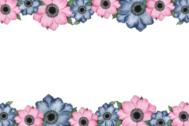 pink and navy blue floral frame, festive floral decoration, hand painted watercolor illustration with beautiful anemone flowers, party, cards, weddings or invitation design - Photo, Image