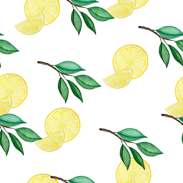 watercolor lemon slice and branches seamless background, tropical lemon fruit decoration for wrapping, menu, fabric, wallpaper or backgrounds, food illustration - Photo, Image