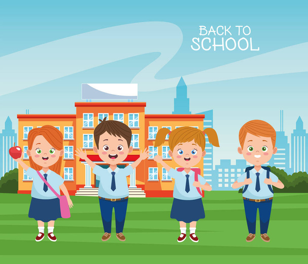 little students with uniforms in the school characters - Vector, Image