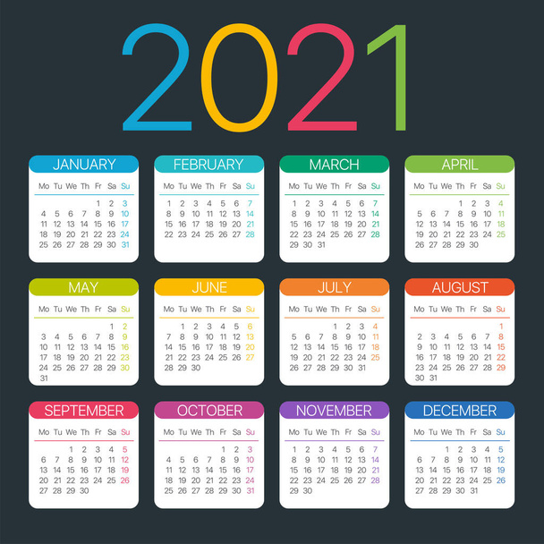 Vector template of color 2021 calendar - Monday to Sunday - Vector, Image