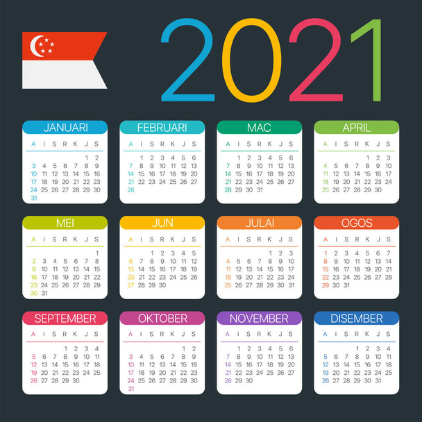 Vector template of color 2021 calendar - Singaporean version - Vektor, obrázek