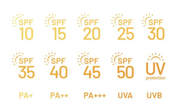 Sada jednoduchých plochých ikon ochrany proti slunečnímu záření pro obaly na opalovací krém. UV ochrana pokožky. Ikony pro prostředky na ochranu proti slunečnímu záření nebo jinou kosmetiku. - Vektorová ilustrace - Vektor, obrázek