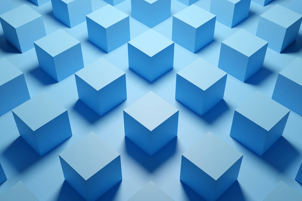 3d illusztráció sorok kék kocka.Set rágógumi kék háttér. Parallelogram minta. Technológiai geometriai háttér - Fotó, kép
