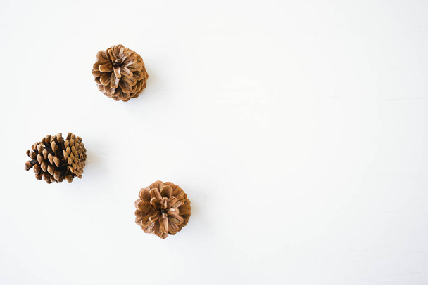 Natural brown pine cones on white wood background. - Photo, image