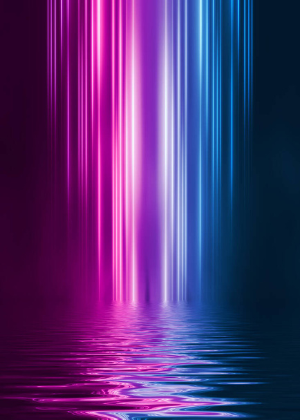 Fond futuriste sombre abstrait. Les rayons de lumière néon sont réfléchis par l'eau. Fond de scène vide, fête à la plage. Illustration 3d - Photo, image