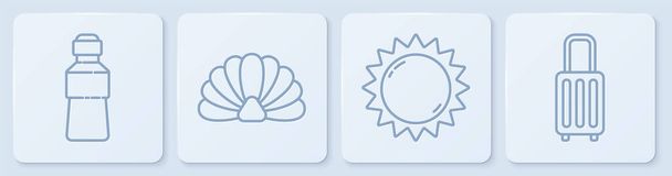 Set line Bottle of water, Sun, Scallop sea shell and Suitcase. White square button. Vector. - Vector, Image