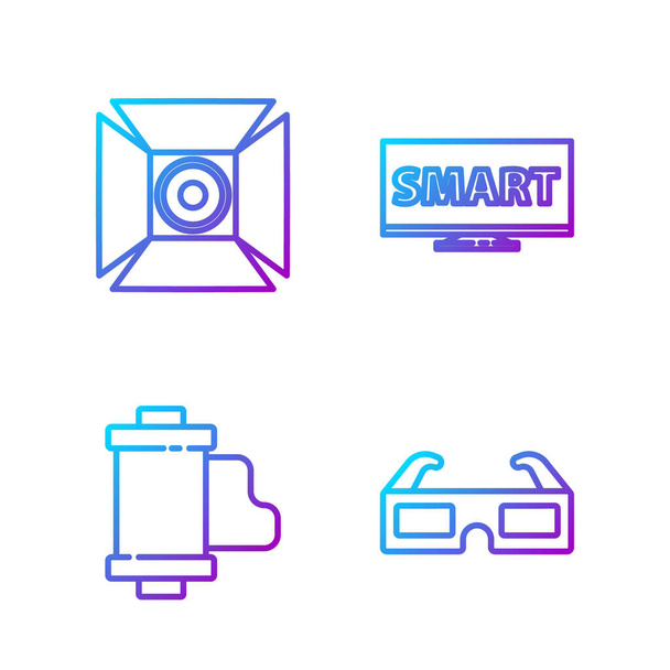 Set line 3D cinema glasses, Camera vintage film roll cartridge, Movie spotlight and Screen tv with Smart video. Gradient color icons. Vector. - Vector, Image
