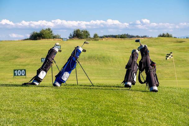 Clubes de golfe em sacos deitados no campo de golfe em um dia ensolarado
 - Foto, Imagem